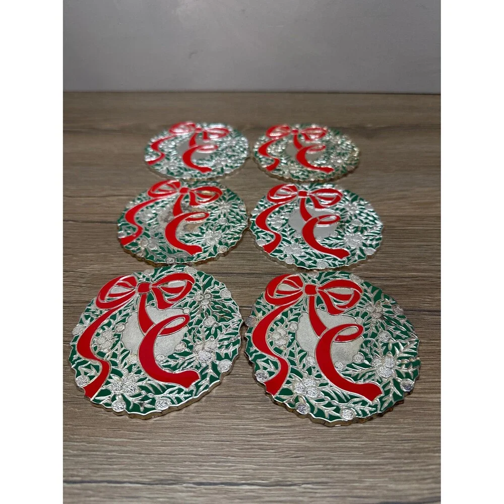 VTG Japan Silver Metal Green Enamel Wreath Red Bow Christmas Coasters Set of 6